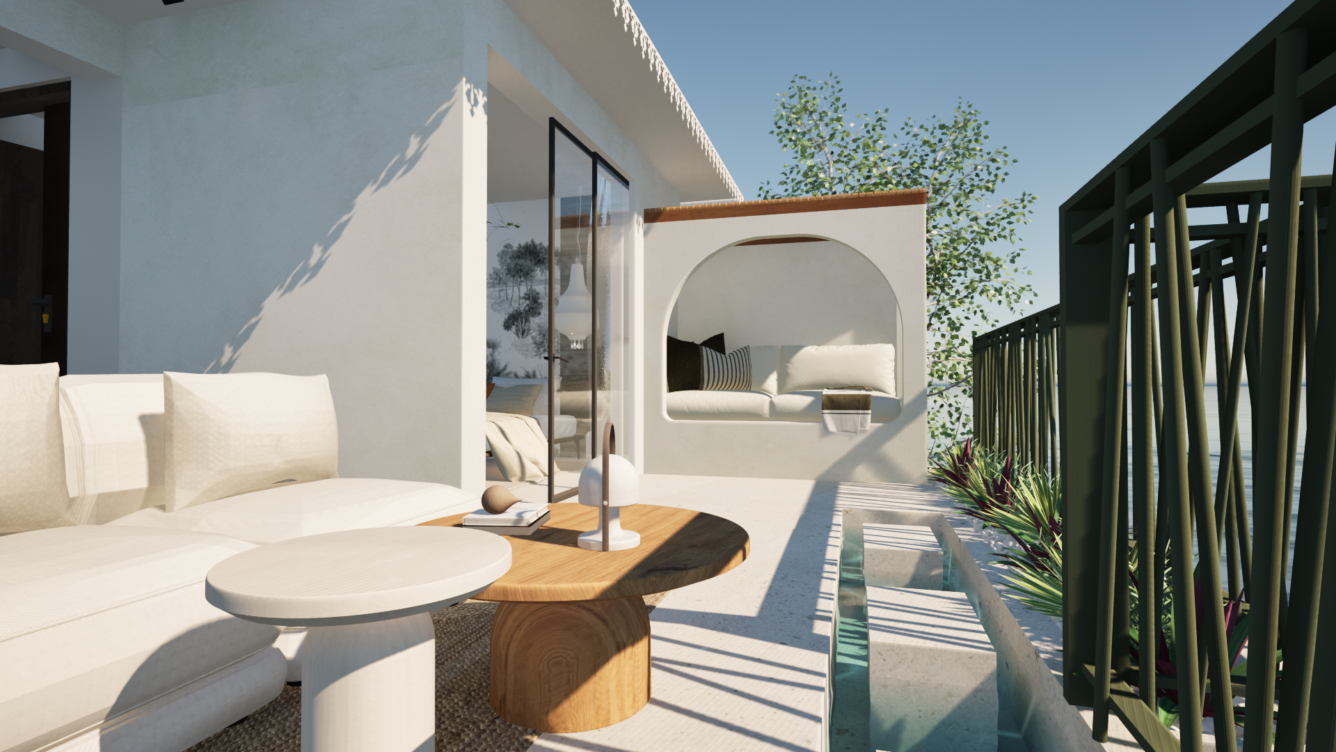 Terrasse de lodge avec banquettes, tables en bois et petite piscine, visualisation 3D.