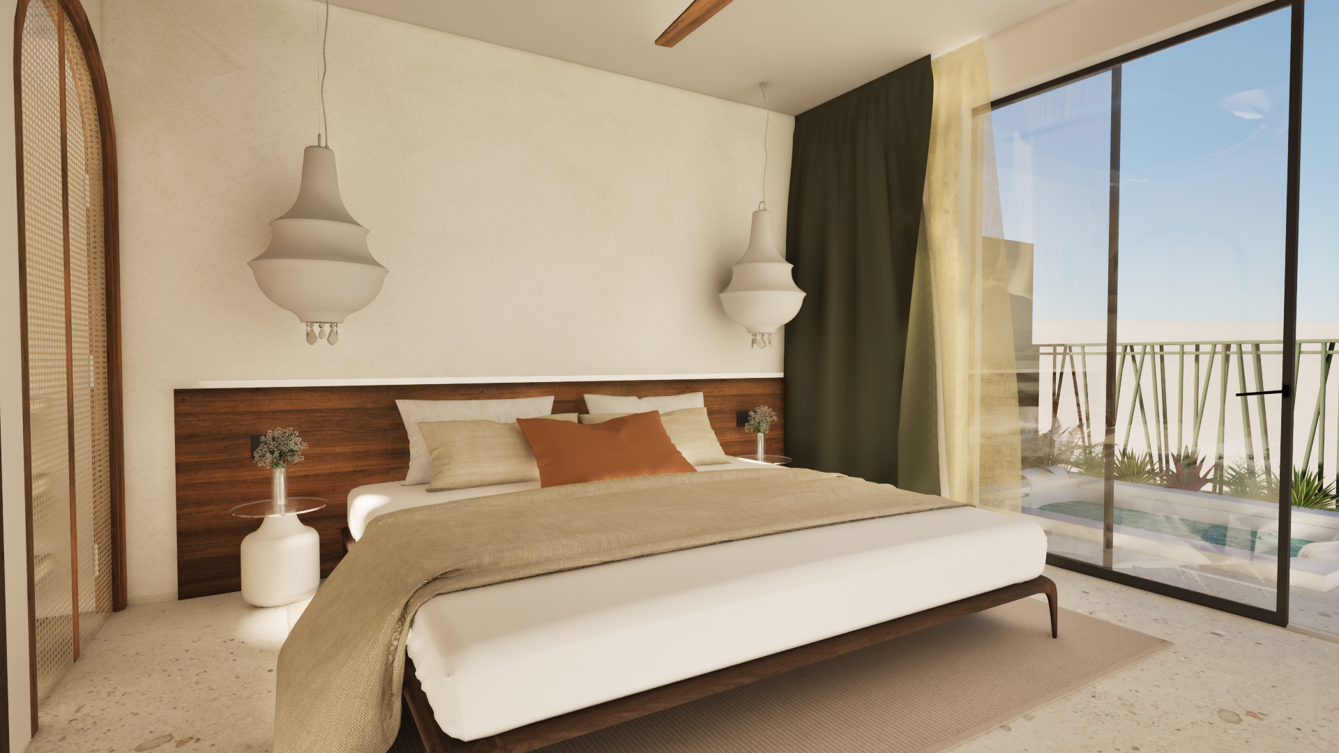Chambre avec tête de lit en bois, suspensions et baie vitrée donnant sur la terrasse, visualisation 3D.