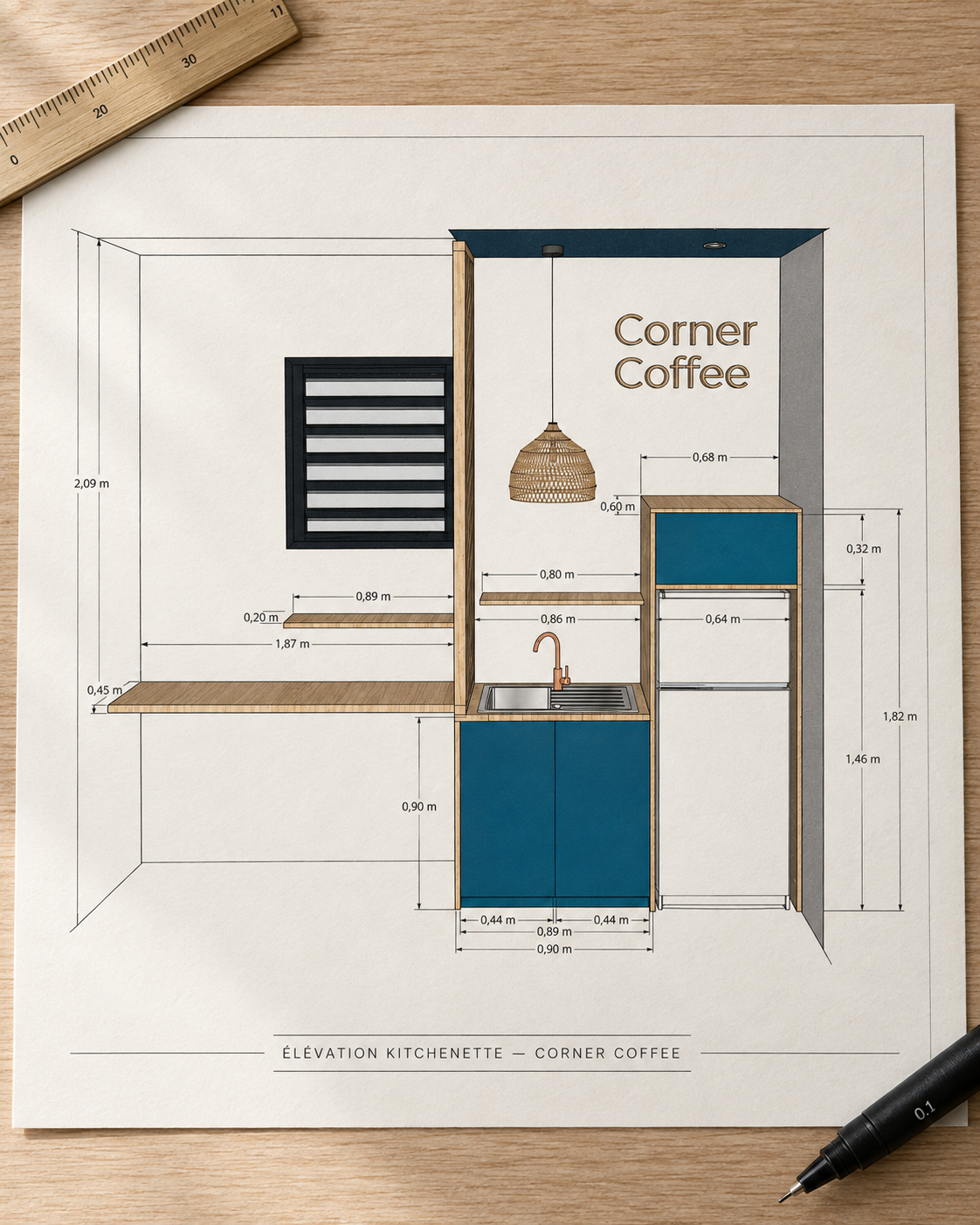 Plan d’élévation de la kitchenette du local L’ATELIER à Saint-Pierre