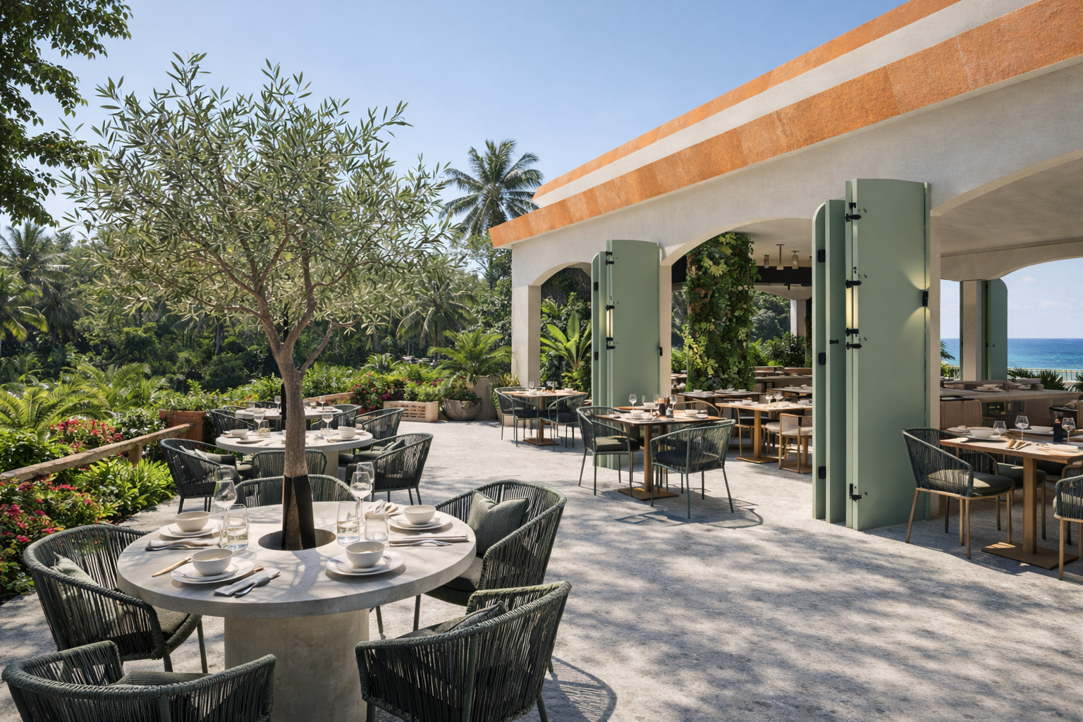 Terrasse de restaurant avec tables dressées, fauteuils tressés et volets verts, visualisation 3D.